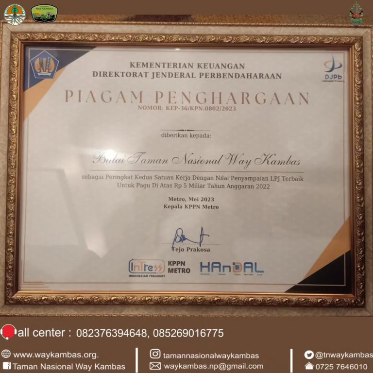 Prestasi di Bidang Administrasi Balai TNWK Raih Penghargaan LPJ Terbaik dari KPPN Metro